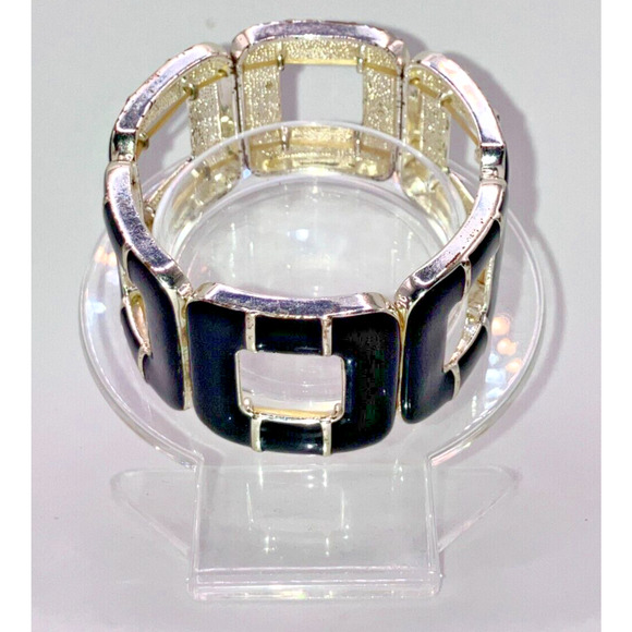 Black & Silver-Tone Metal Rounded Squares Stretch 3.5 Inch Bracelet Vintage! - Picture 2 of 8